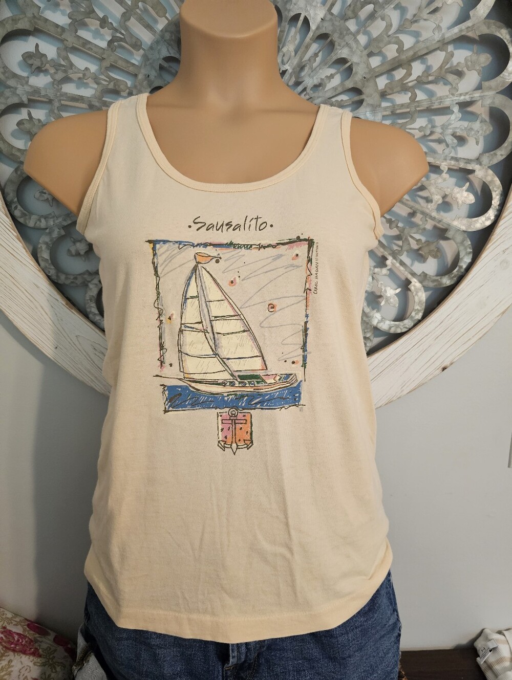 Anvil Cream Sausalito Sailboat Graphic Tank Top